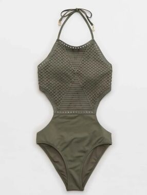 Aerie Green Crochet Halter One Piece Cheeky Swimsuit Sz Xs Nwt